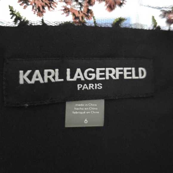 Karl Lagerfeld Paris Embroidered Floral Neckline Black Dress - Picture 9 of 10